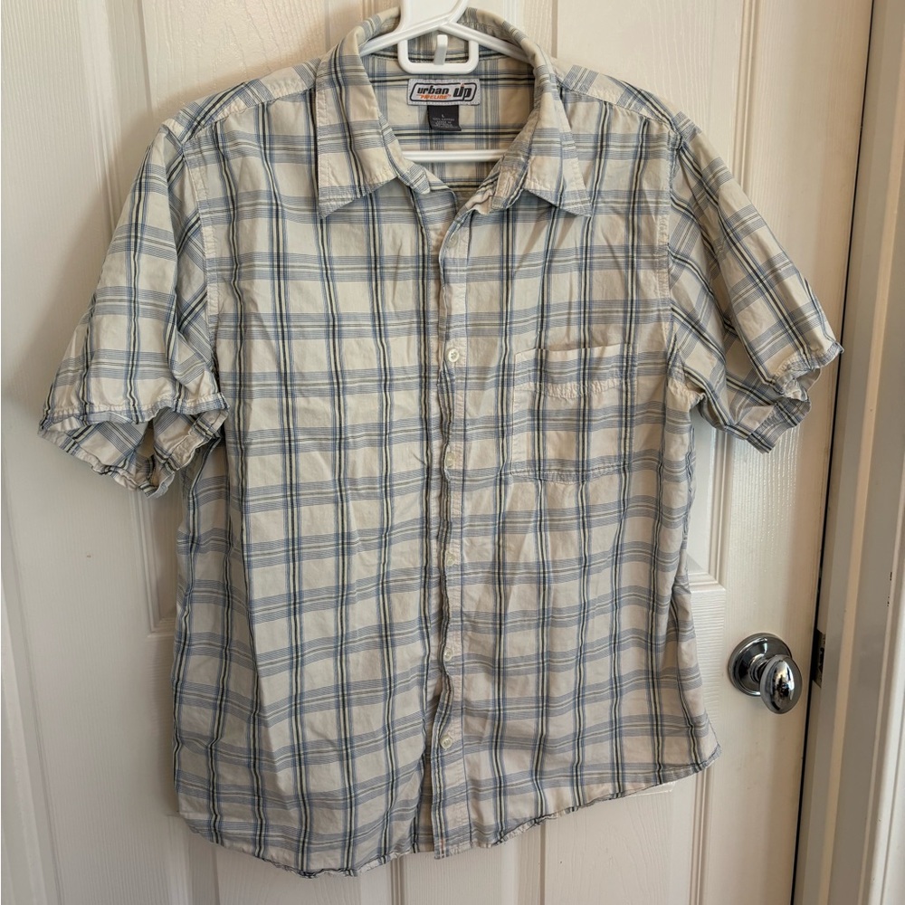 urban pipeline Cream and Blue Plaid Short-Sleeve Button-Down Shirt